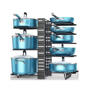 ORDORA Organizador de ollas y sartenes para gabinete, estante de 8 niveles con 3 métodos de bricolaje, organizador de sartenes ajustable para gabinete, organizador de ollas para organización y almacenamiento de cocina, organizador de tapa de olla