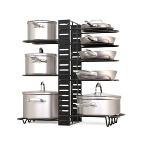 GeekDigg Organizador para macetas debajo del gabinete, 3 métodos de bricolaje, altura y posición son ajustables, soporte de tapa de 8 ollas, organizador de utensilios de cocina de metal negro (versión mejorada)