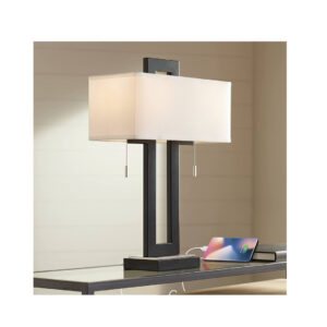Neil - Lámpara de mesa moderna contemporánea con puerto de carga USB abierto, rectangular, de 26 pulgadas de alto, tela blanca de metal negro para sala de estar, dormitorio, casa, mesita de noche, oficina en casa, iluminación 360